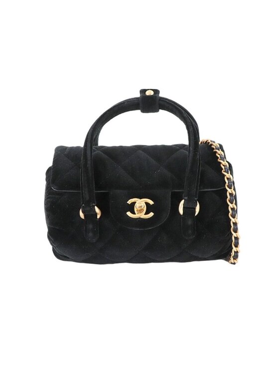 Chanel Quilted 2-Way Hand Chain Shoulder Bag Velvet Leather Black Velour